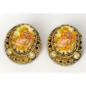 Fragonard Courting Couple Clip On Earrings Vintage Oval Gold Tone Classic 1"